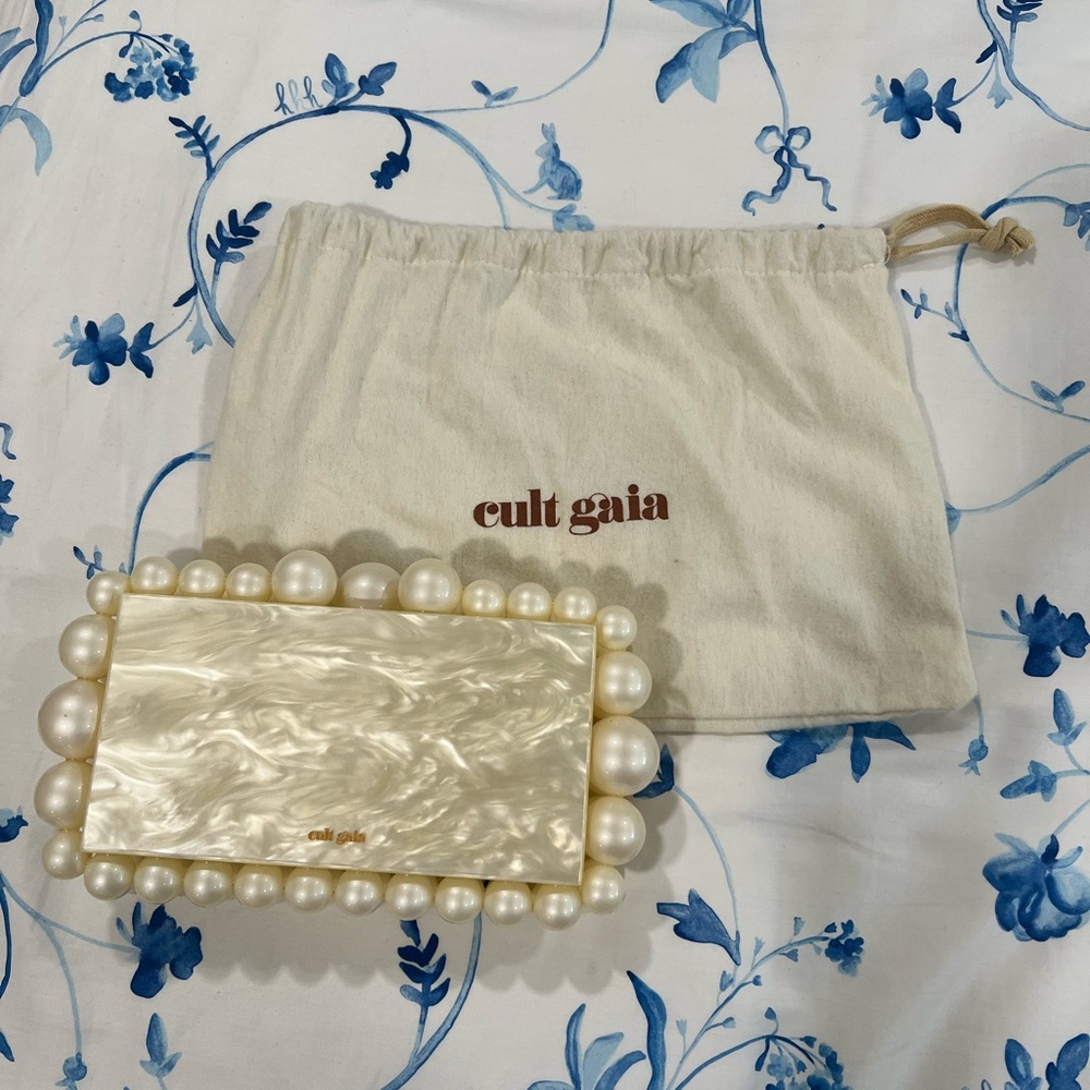 Cult Gaia Cream Pearl-Embellished Clutch